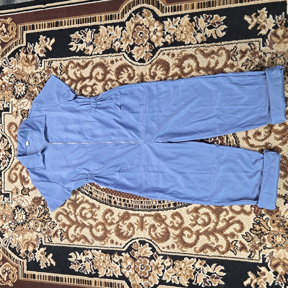 Retro Light Blue Lightweight Polyester Utility Jumpsuit Zip Up Elastic Waist 80s